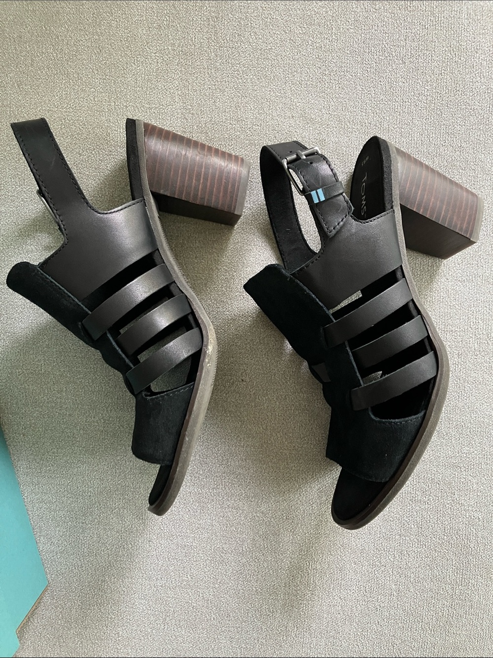TOMS Black Suede Strappy Block Heel Sandals with Stacked Wood Heel - Picture 6 of 9
